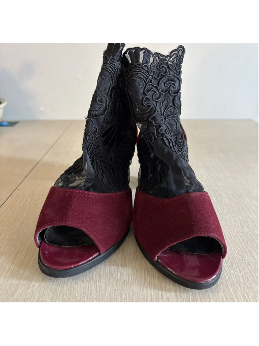 Burgundy Black Lace Ankle Boots Peep Toe Block Heel Women 39(8-8.5) 1190